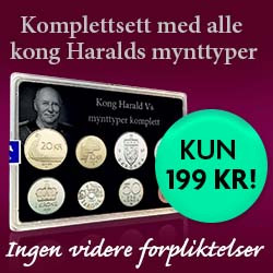 Komplettsett med kong Harald Vs mynttyper